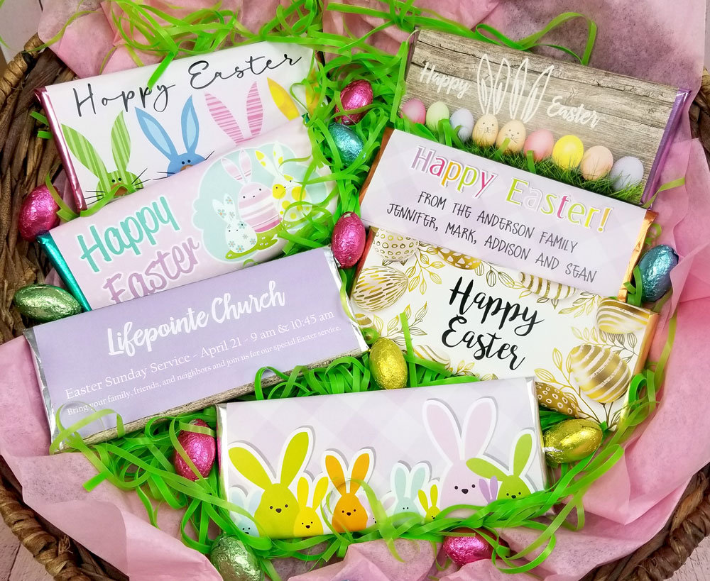 Colorful, custom chocolate candy bars for Easter